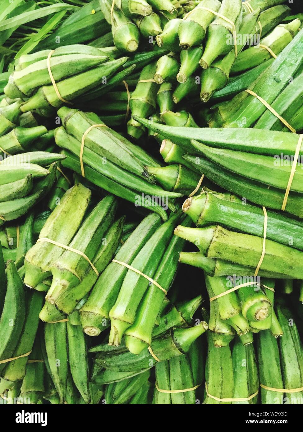 Full Frame Shot Of Okra Bundles At Market Stock Photo