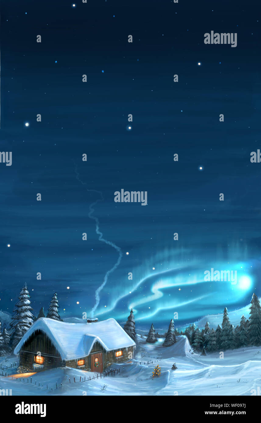 Romantic digital painting of snowy winter Christmas landscape. Mountain cottage in snow with trees around and northern lights or aurora on sky. Vertical Image. Stock Photo