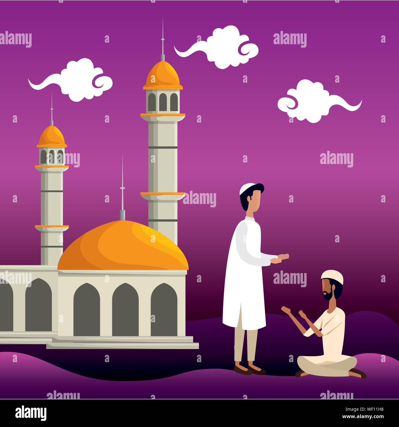 islamic men with traditional clothes in the mosque Stock Vector