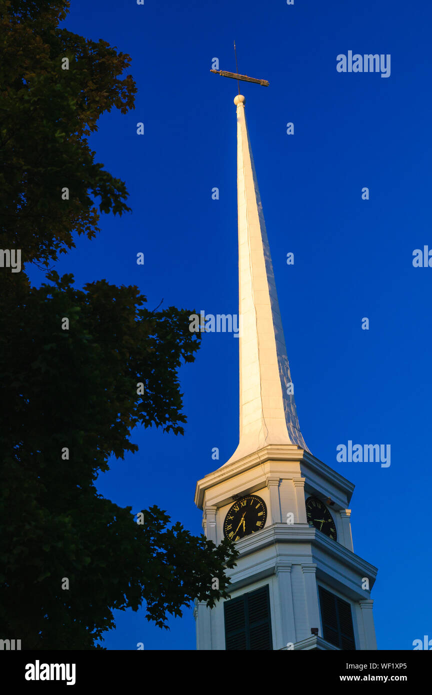 Closeup details of the Stowe Community Church Steeple in picturesque Stowe, Vermont, USA Stock Photo