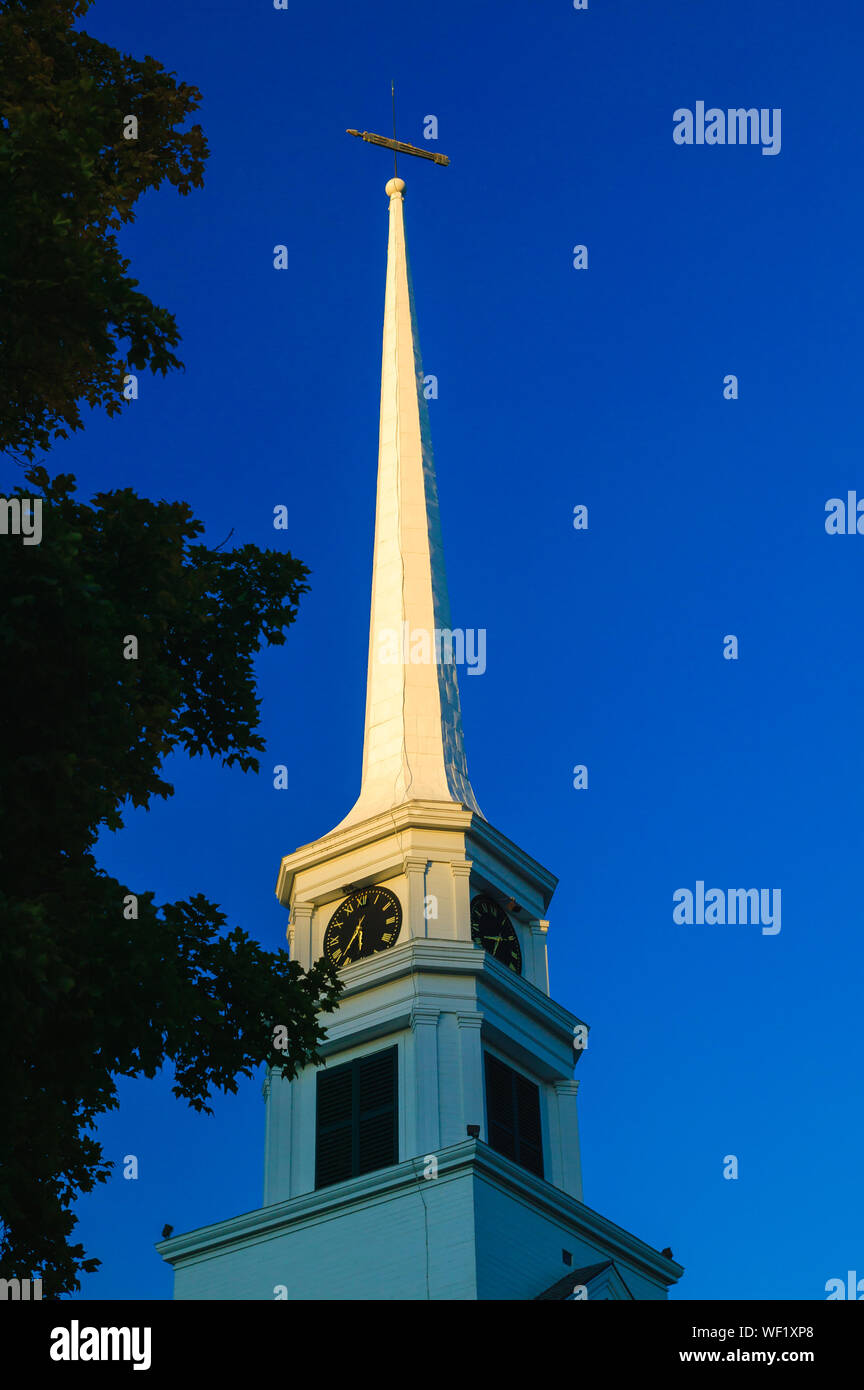 Closeup details of the Stowe Community Church Steeple in picturesque Stowe, Vermont, USA Stock Photo