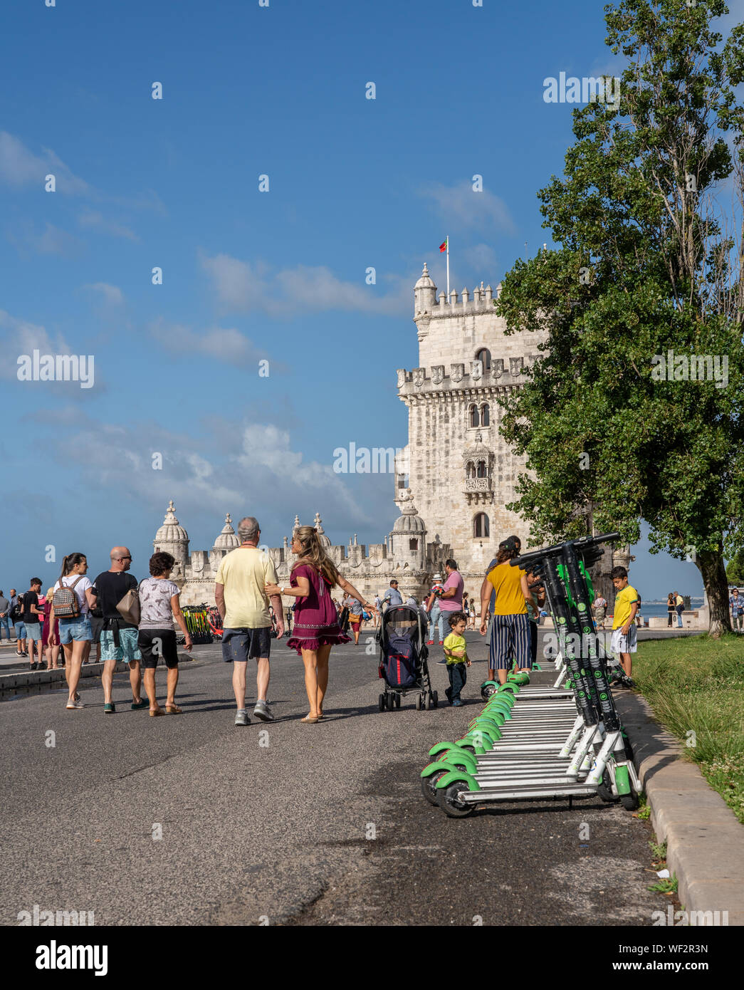 Lime S electric scooters in Lisbon by the Belem Tower Stock Photo