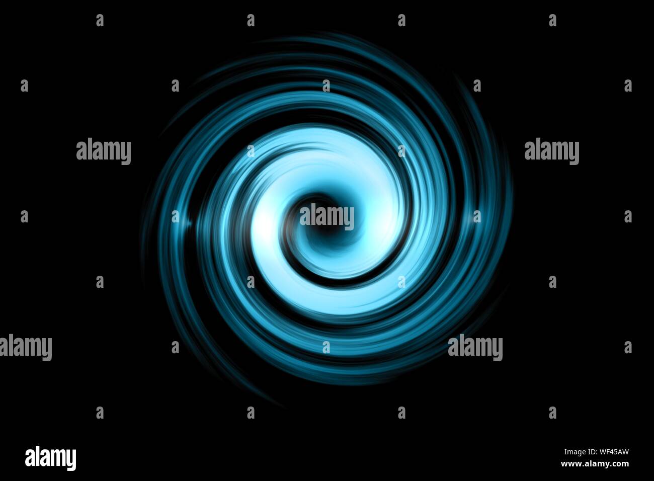 Glowing spiral tunnel with light blue cloud on black sky background ...