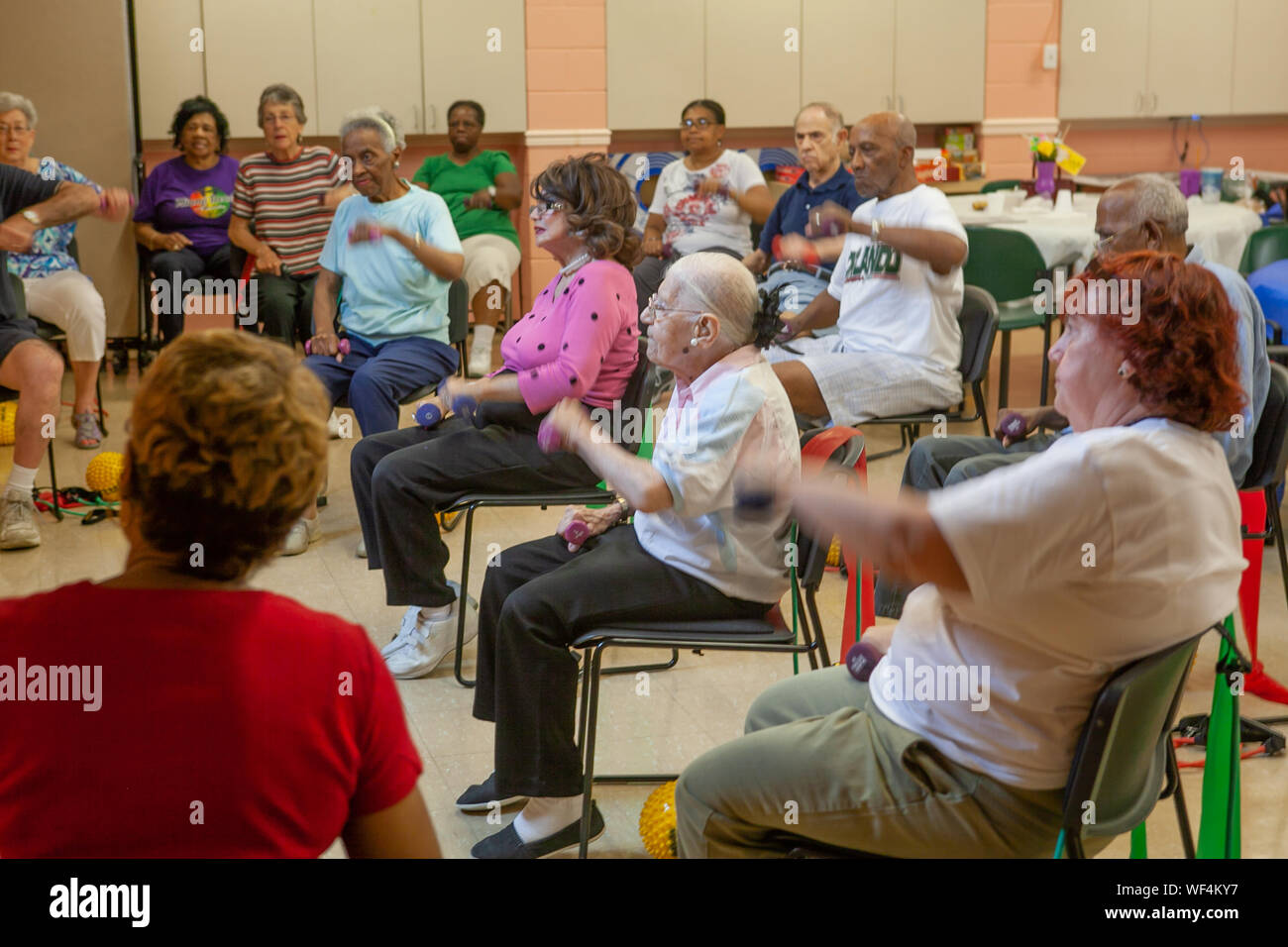 senior citizans exercising  in a workout class for retirees in suburban Philadelphia Stock Photo