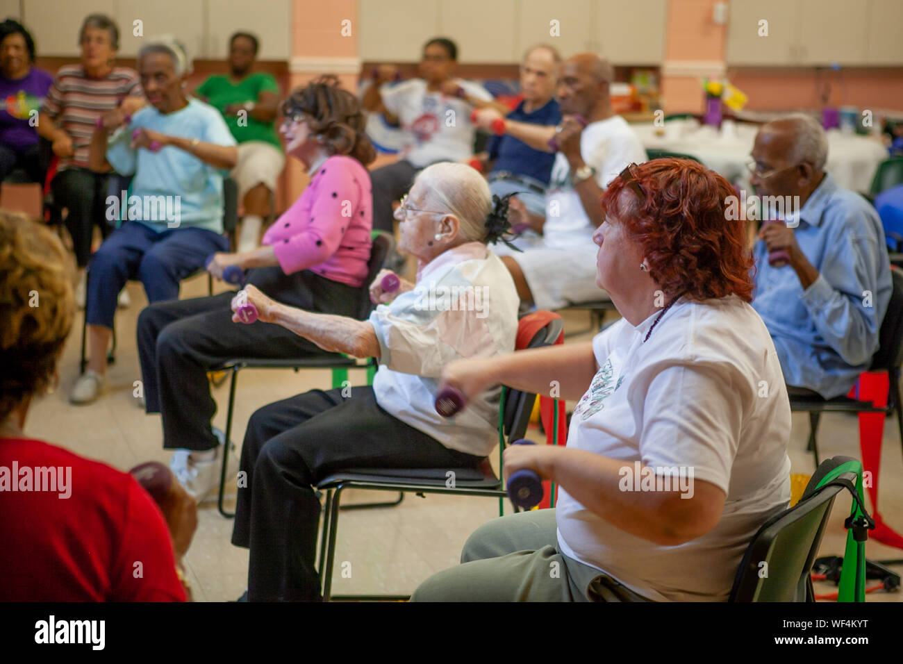 senior citizans exercising  in a workout class for retirees in suburban Philadelphia Stock Photo