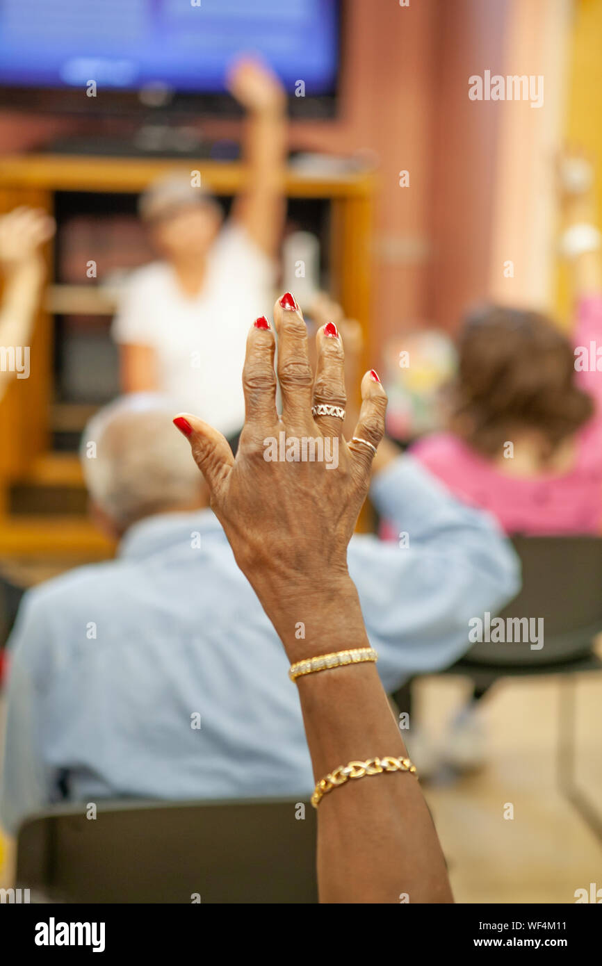 senior citizans exercising  in a workout class for retirees in suburban Philadelphia Stock Photo