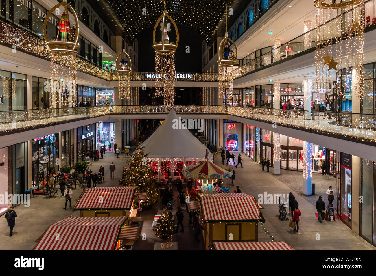 Berlin, Germany - December 11, 2018: Mall of Berlin illuminated and decorated for holidays. Stock Photo