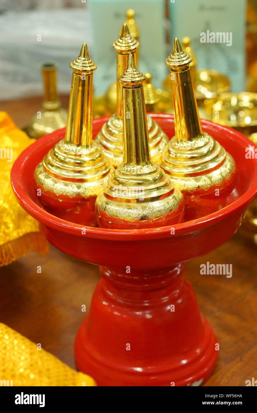 Close-up Of Brass Handcrafts For Sale Stock Photo