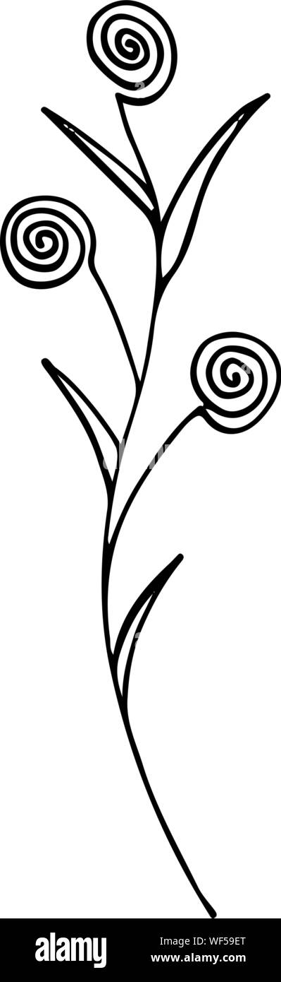 Hand Drawn Cute Flower on Stem. Clip Art, Black and White Stylized