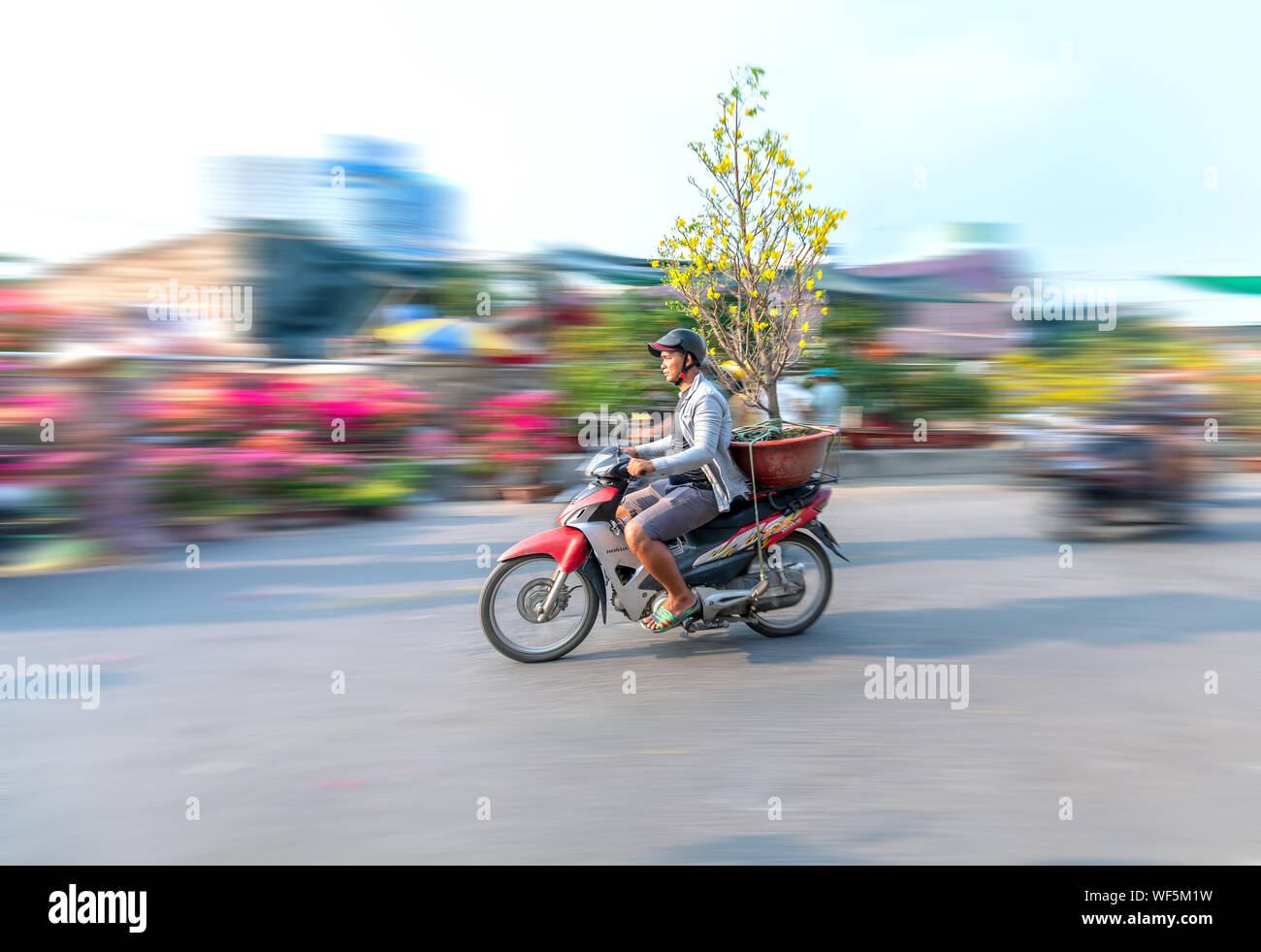 Young Vietnamese driving a motorbike with people holder flower pot behind decoration purposes house for Lunar new year in Ho Chi Minh city, Vietnam Stock Photo