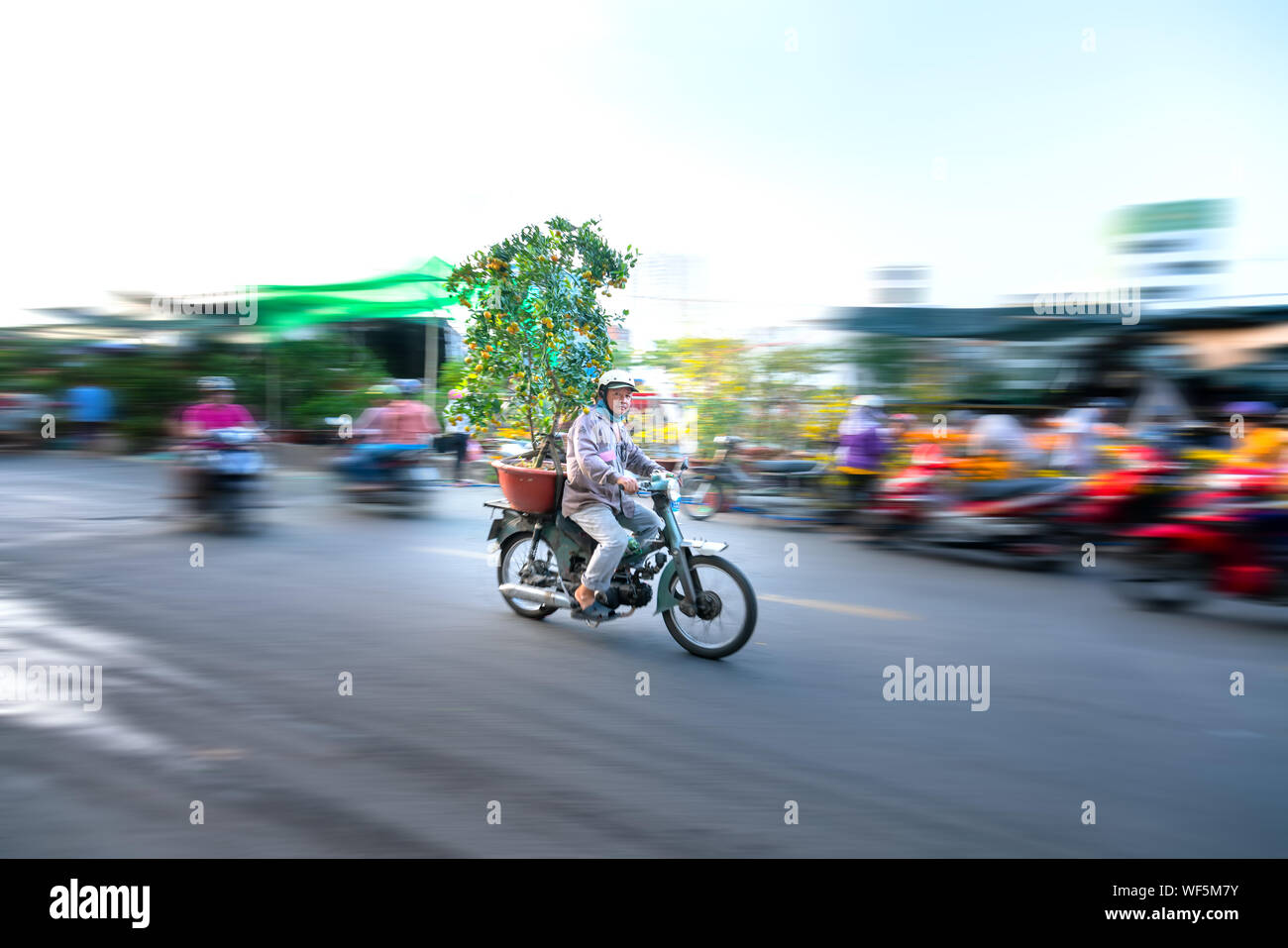 Young Vietnamese driving a motorbike with people holder flower pot behind decoration purposes house for Lunar new year in Ho Chi Minh city, Vietnam Stock Photo