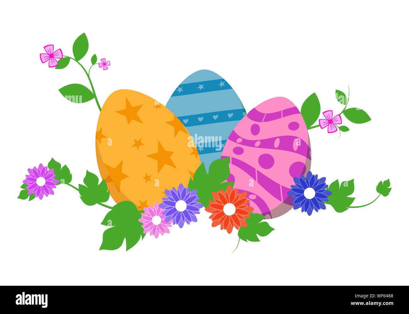 Easter eggs in green grass with flowers, isolated on white background ...