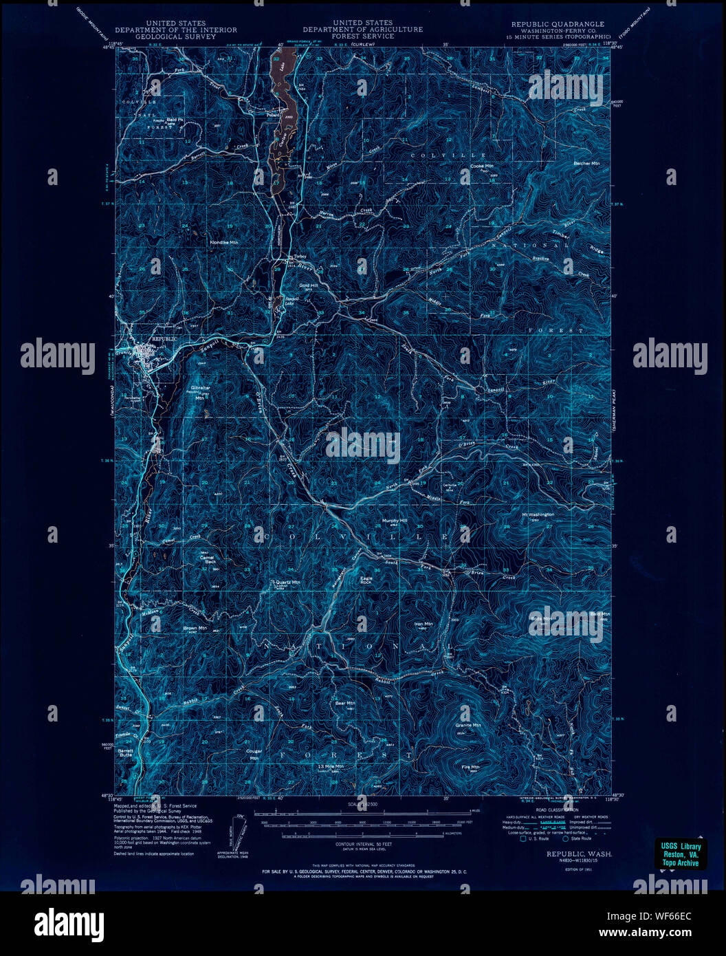 USGS Topo Map Washington State WA Republic 243432 1951 62500 Inverted Restoration Stock Photo