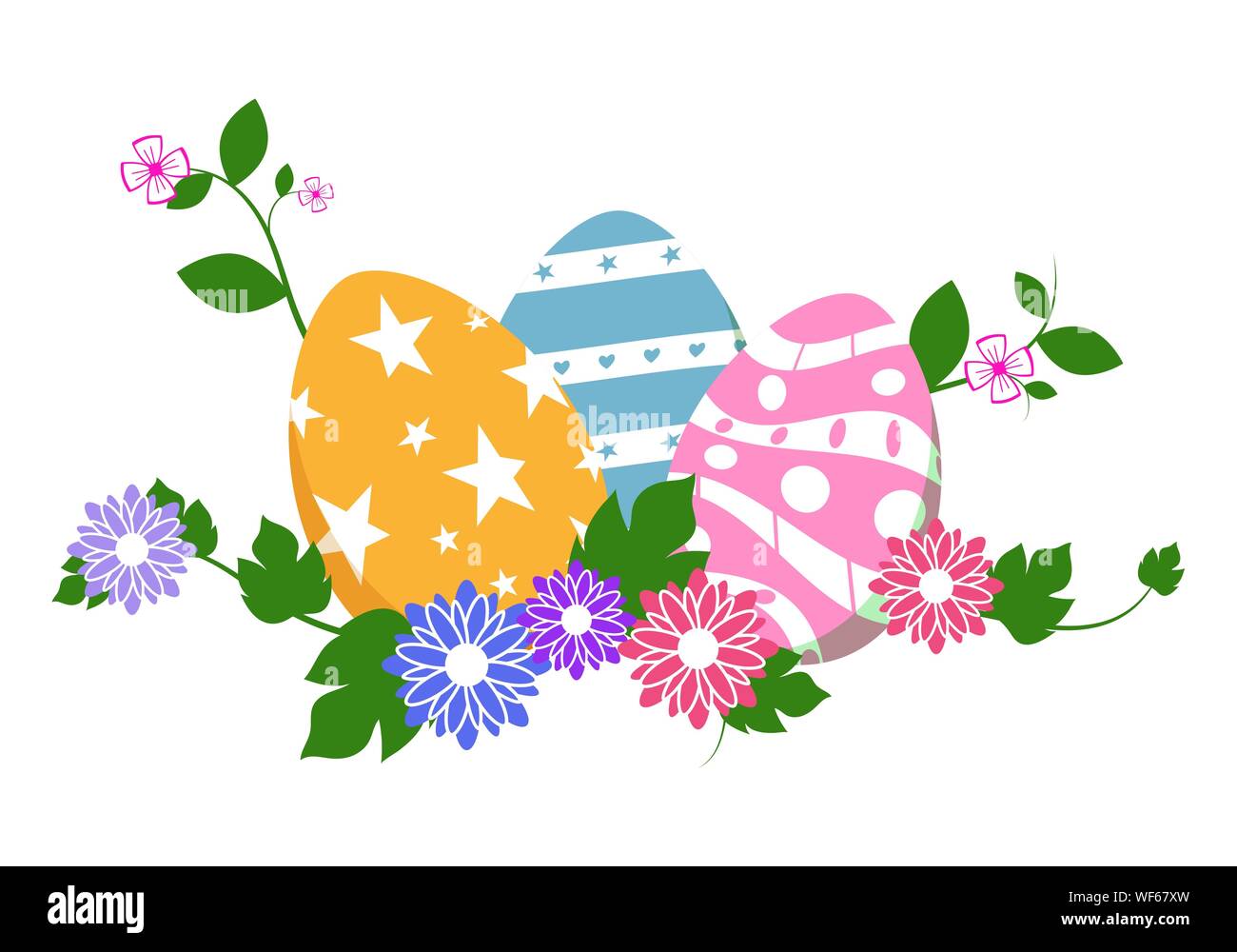 Easter eggs in green grass with flowers, isolated on white background ...