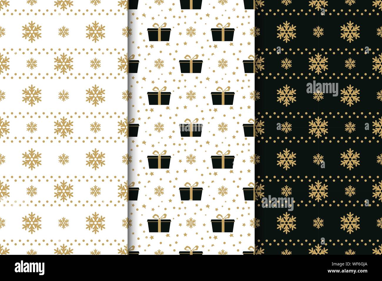 Collection of winter holidays seamless patterns with snowflakes, bows, gift boxes and stars. Golden, black and white background. Stock Vector