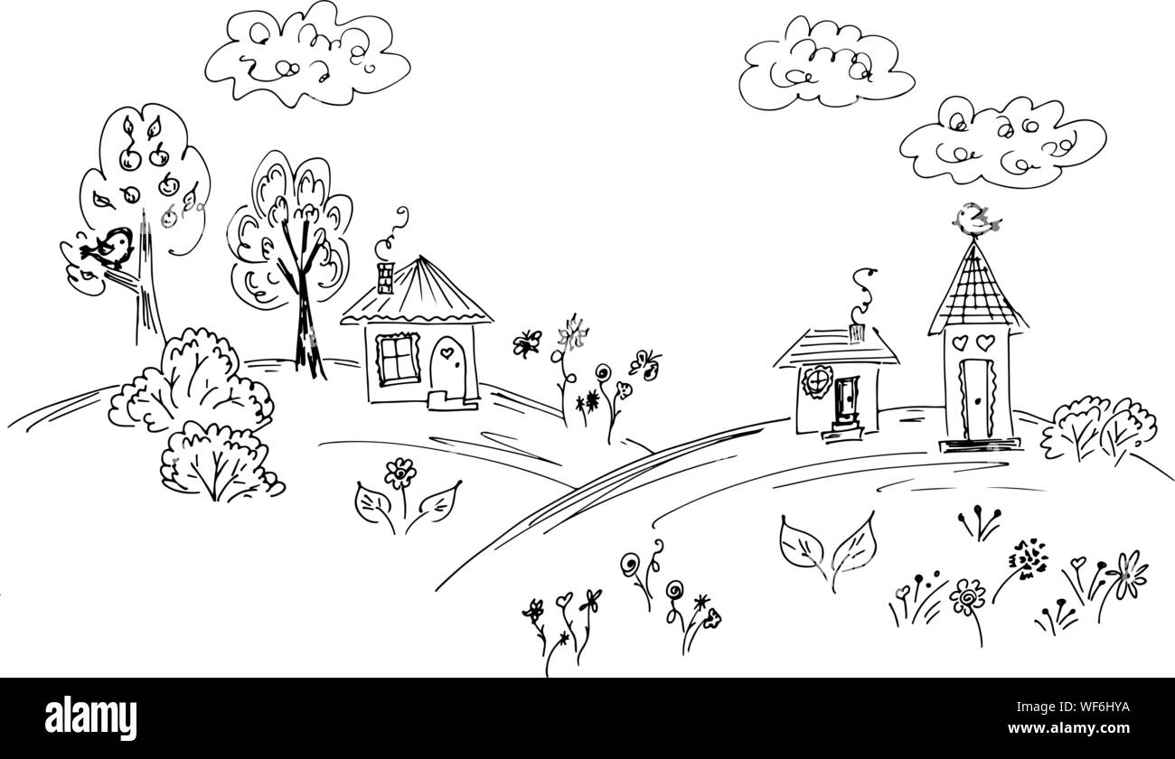 Sketch of countryside house surrounded by trees. Hand drawn vector illustration. Line art. Stock Vector
