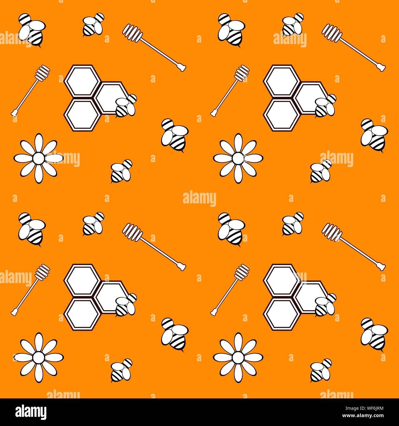 Seamless pattern with honey, bee and flowers. Design elements. Vector illustrations. Stock Vector