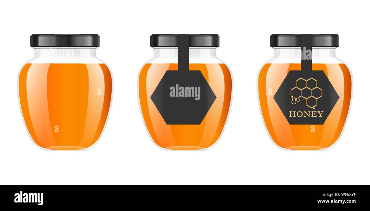 Realistic transparent glass jar with honey. Food bank. Honey packaging  design. Honey logo. Mock up glass jar with design label or badges. Premium  food Stock Vector Image & Art - Alamy
