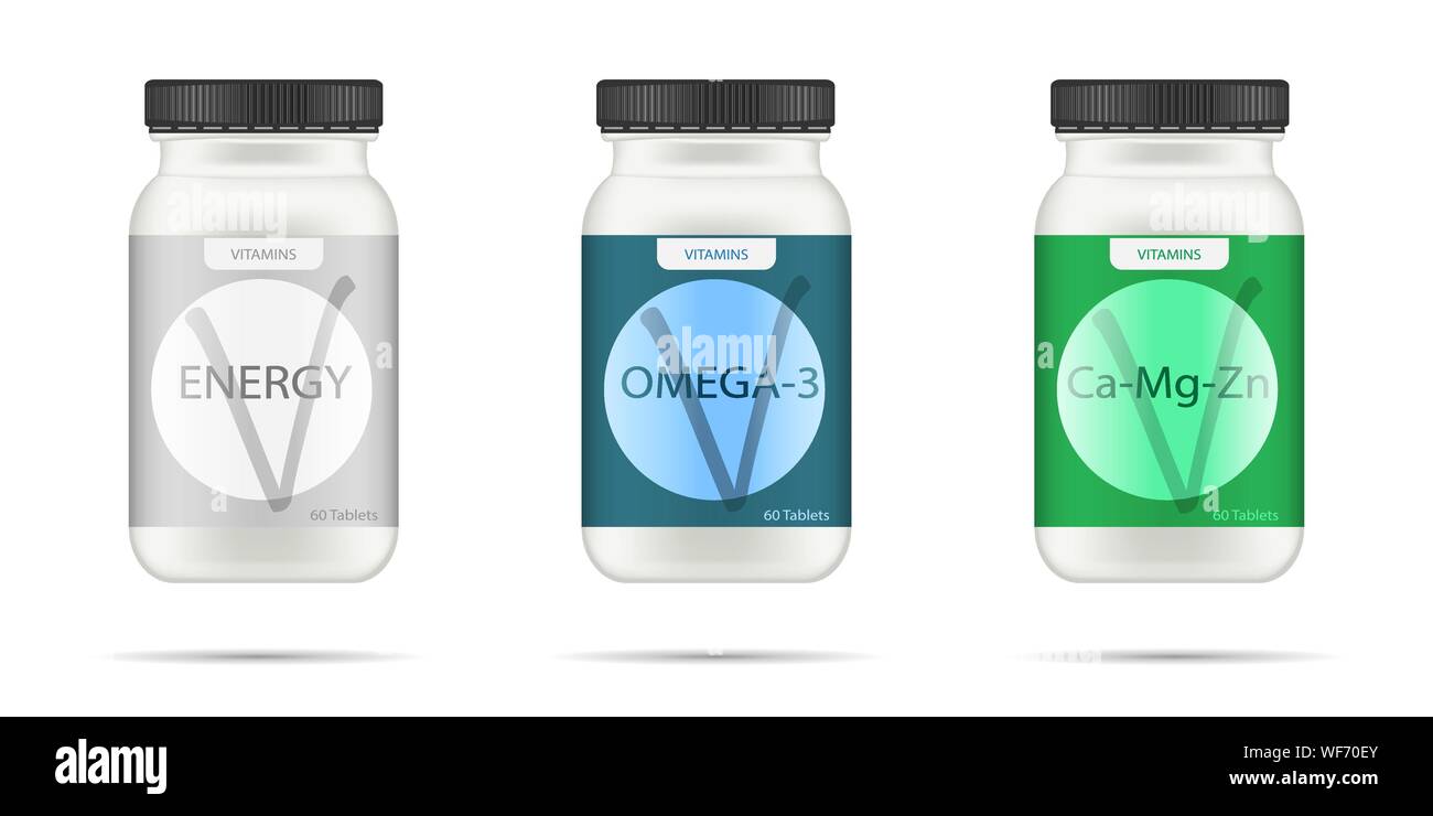 Download White Matte Plastic Bottle With Black Lid For Vitamins Tablets Pills Realistic Packaging Mockup Template With Sample Design Medical Container Stock Vector Image Art Alamy