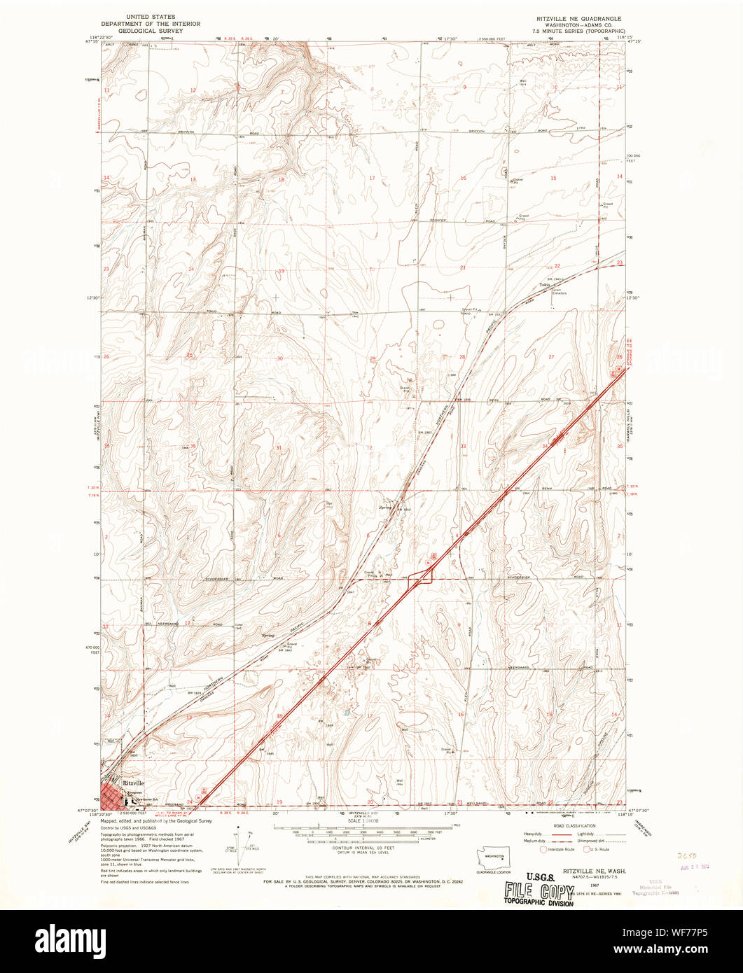 Ritzville WA Topo Map, 1:250000 Scale, 1 X 2 Degree, Historical, 1953, Updated 1974, 22.1 X 27.3 In