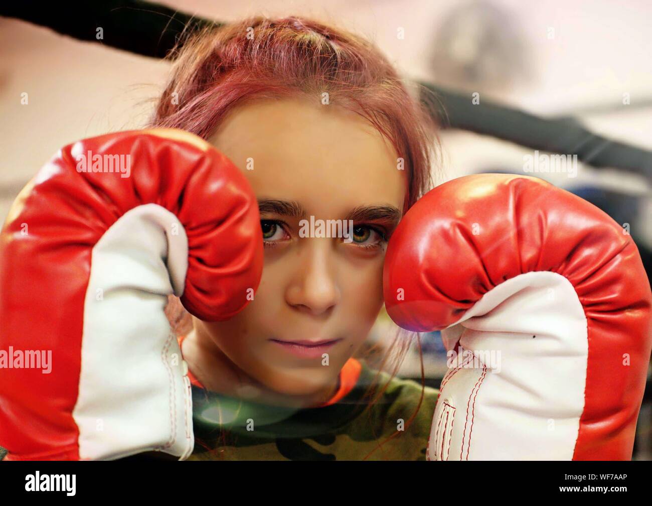 Closeup Portrait Of Girl Wearing Boxing Glove Stock Photo Alamy