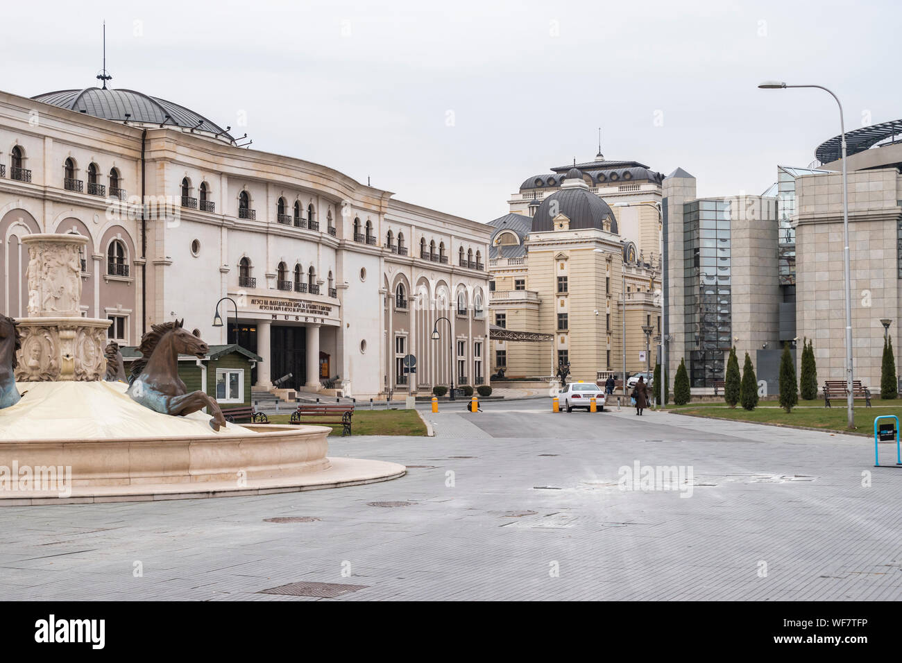 Skopje, North Macedonia - December 2018: View of Horses fountain and