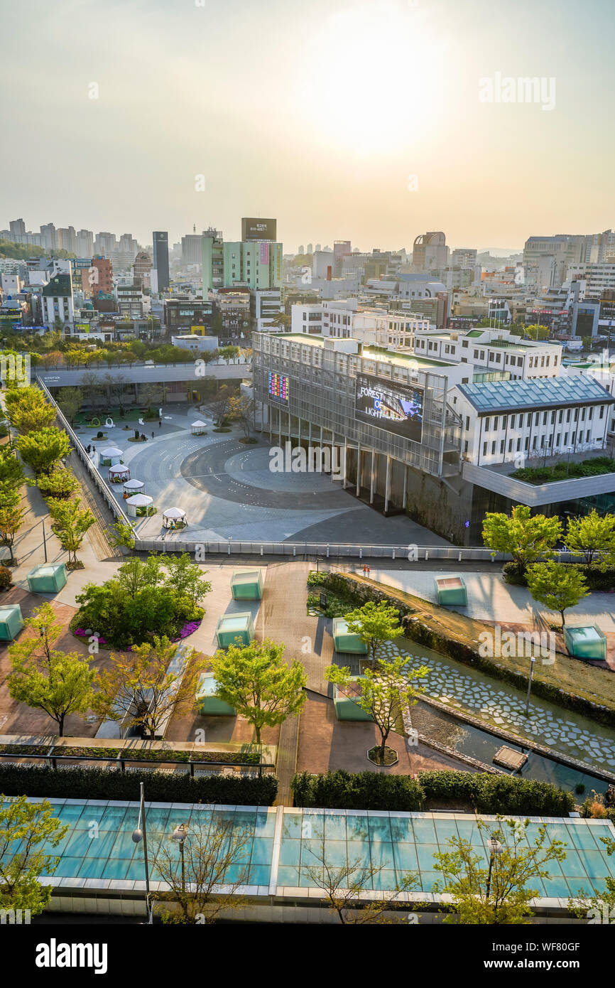 A view of Asia Culture Complex (ACC) located in Gwangju, South Korea. Overview of the main building from the south side. Portrait orientation. Stock Photo