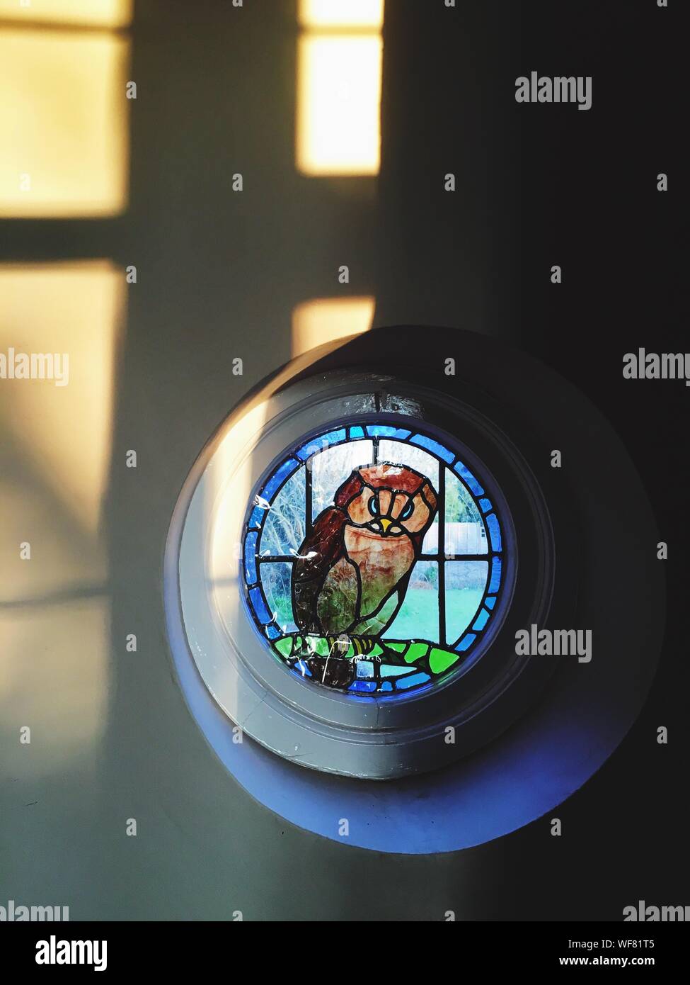 Owl Art On Stain Glass Window On Wall Stock Photo