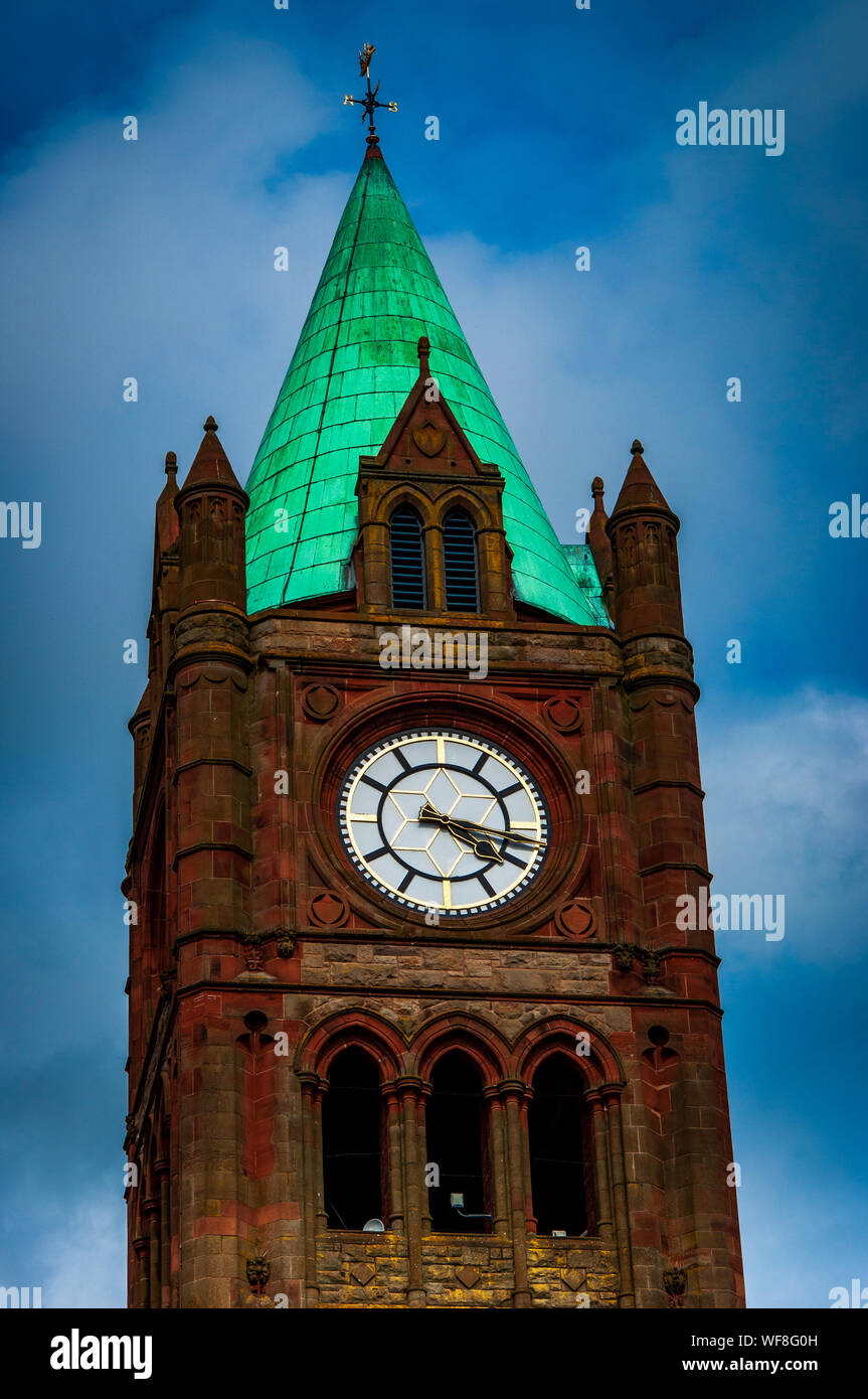 Closeup of the Guildhall Clock Tower in Derry Londonderry, Northern Ireland. Stock Photo