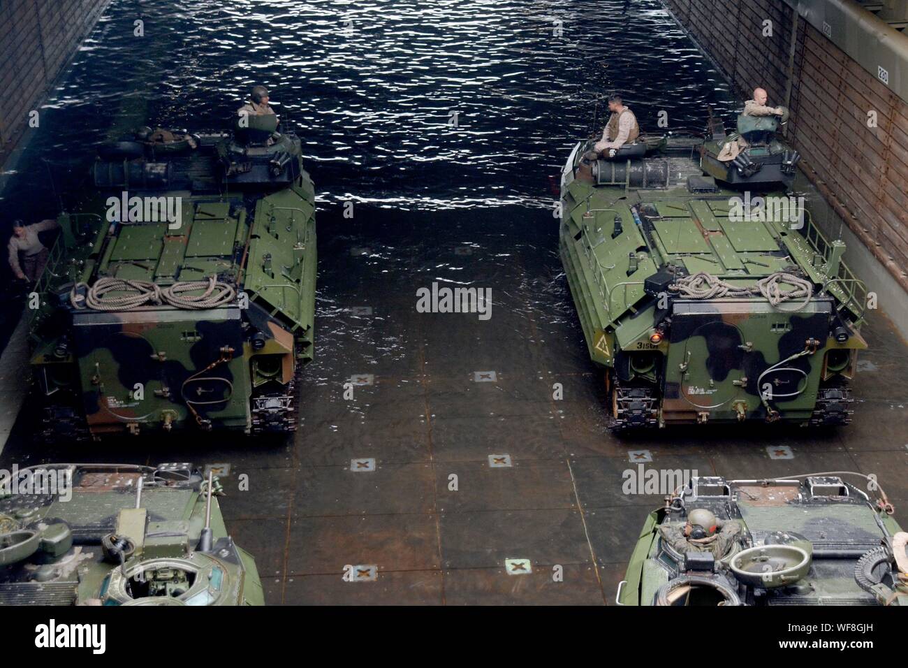 190822-N-XN177-0104 PACIFIC OCEAN (Aug. 22, 2019) – Assault amphibious vehicles (AAV) prepare to depart the well deck of the dock landing ship USS Comstock (LSD 45). Comstock is currently underway conducting routine operations. This year USS Comstock will participate in the U.S. Navy Fleet Weeks in Los Angeles and San Francisco. (U.S. Navy Photo by Mass Communication Specialist 1st Class Peter Burghart/Released) Stock Photo