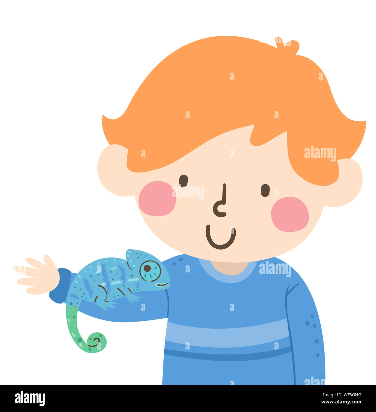 Illustration of a Kid Boy Looking at His Pet Chameleon On His Arm Blending with the Color of His Clothes Stock Photo
