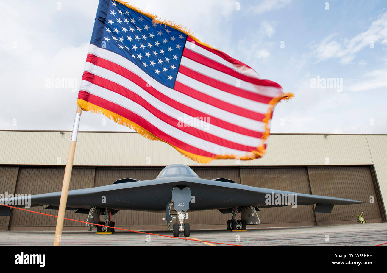 A U.S. Air Force B-2 Spirit stealth bomber stands on display during a  Bomber Task Force press conference at RAF Fairford, England, August 30,  2019. These types of Bomber Task Force missions