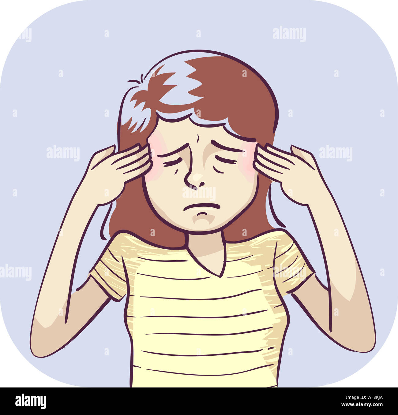 Illustration of a Girl Holding Her Forehead in Pain. Headache Stock ...
