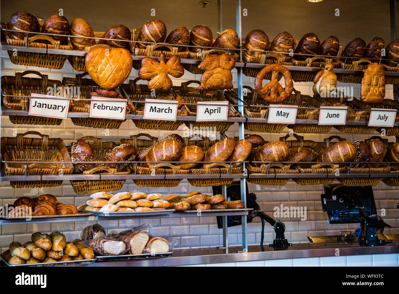 Bread and pastries on display in Boudin Bakery, San Francisco, California, United States Stock Photo