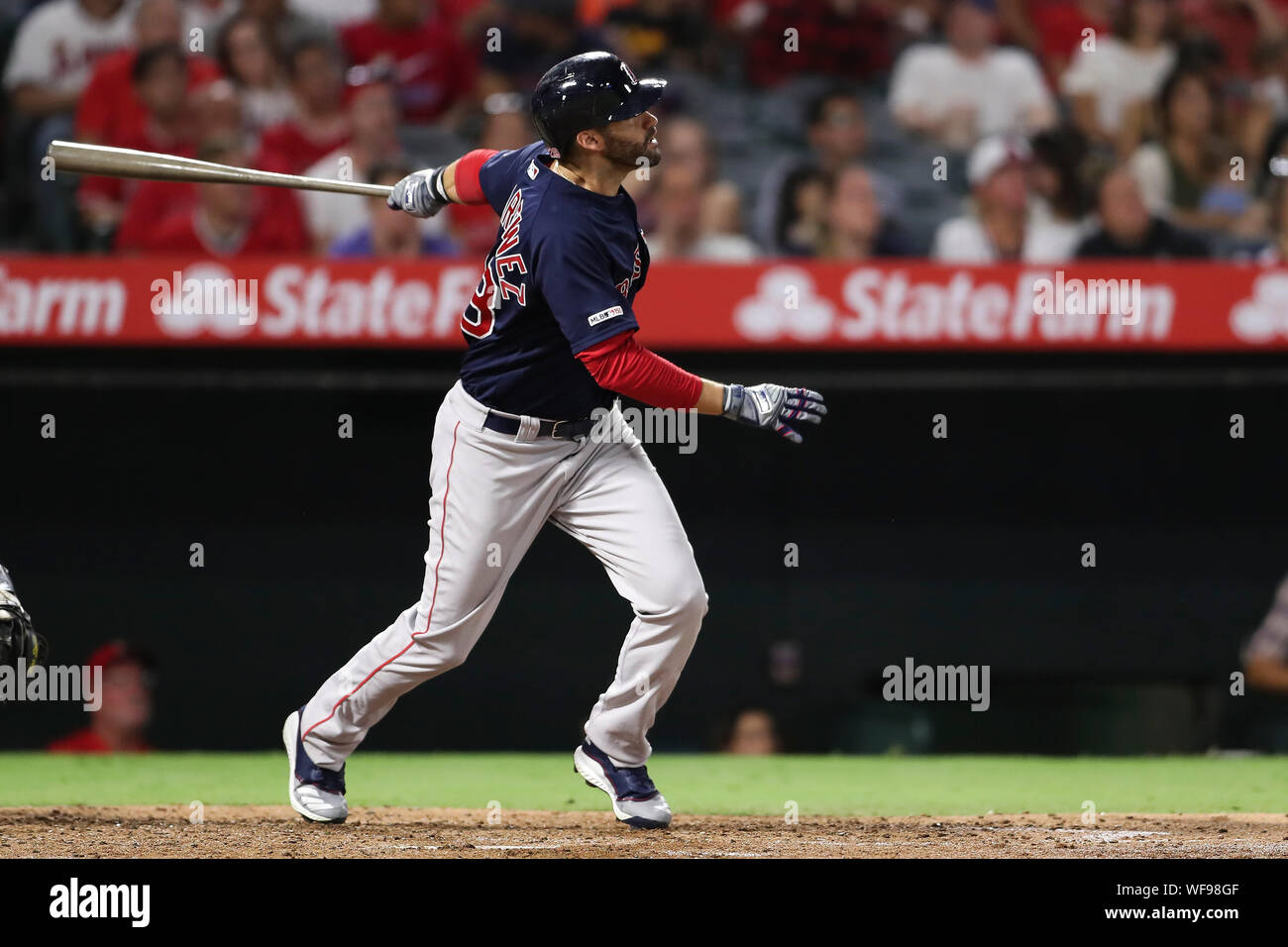 August 30, 2019: Boston Red Sox left fielder J.D. Martinez (28) homers during the game between the Boston Red Sox and the Los Angeles Angels of Anaheim at Angel Stadium in Anaheim, CA, (Photo by Peter Joneleit, Cal Sport Media) Stock Photo