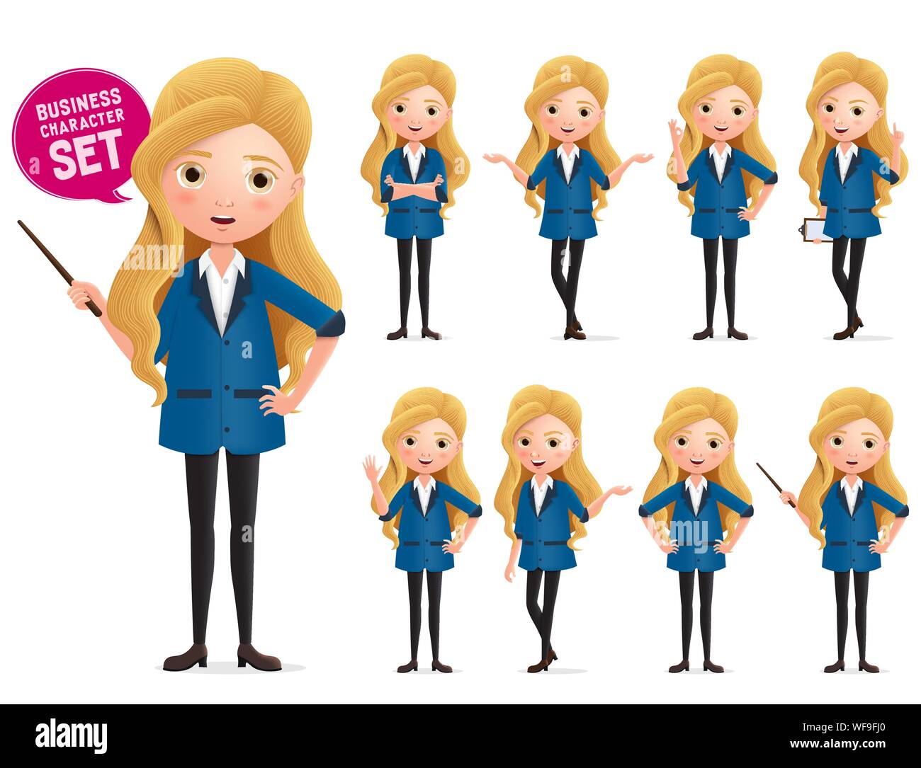 Business woman standing vector character set. Business characters of woman wearing professional  formal attire posing like teacher isolated. Stock Vector