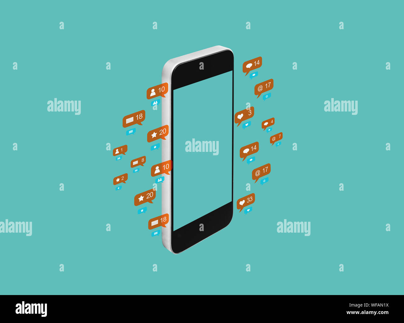 Mobile smart phone, social media notification icons Stock Photo