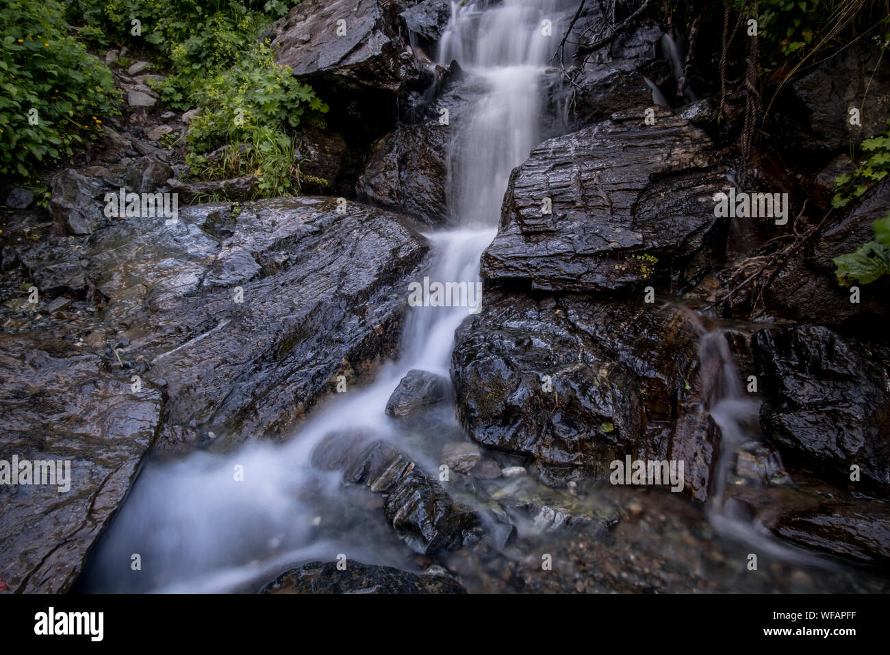 rushing blue river in a mountain forest. Mountain landscape. North ...