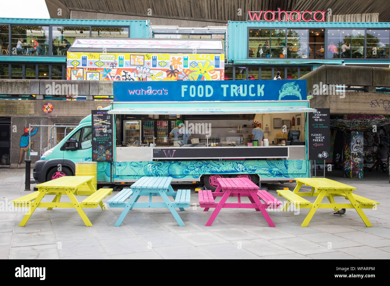 London, UK - 5 June 2017: Colourful food wagon on the Southbank. This is a popular arts area of galleries, theatres, bars and restaurants on the south Stock Photo