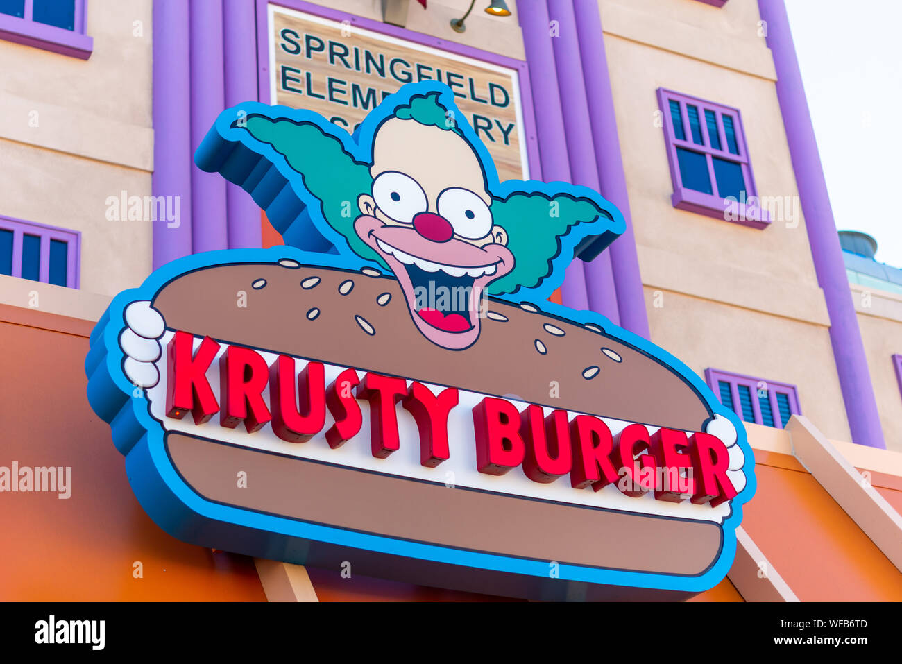 LA, USA - 2nd November 2018: Krusty Burger sign and restaurant at Universal Studios Hollywood, LA, USA Stock Photo