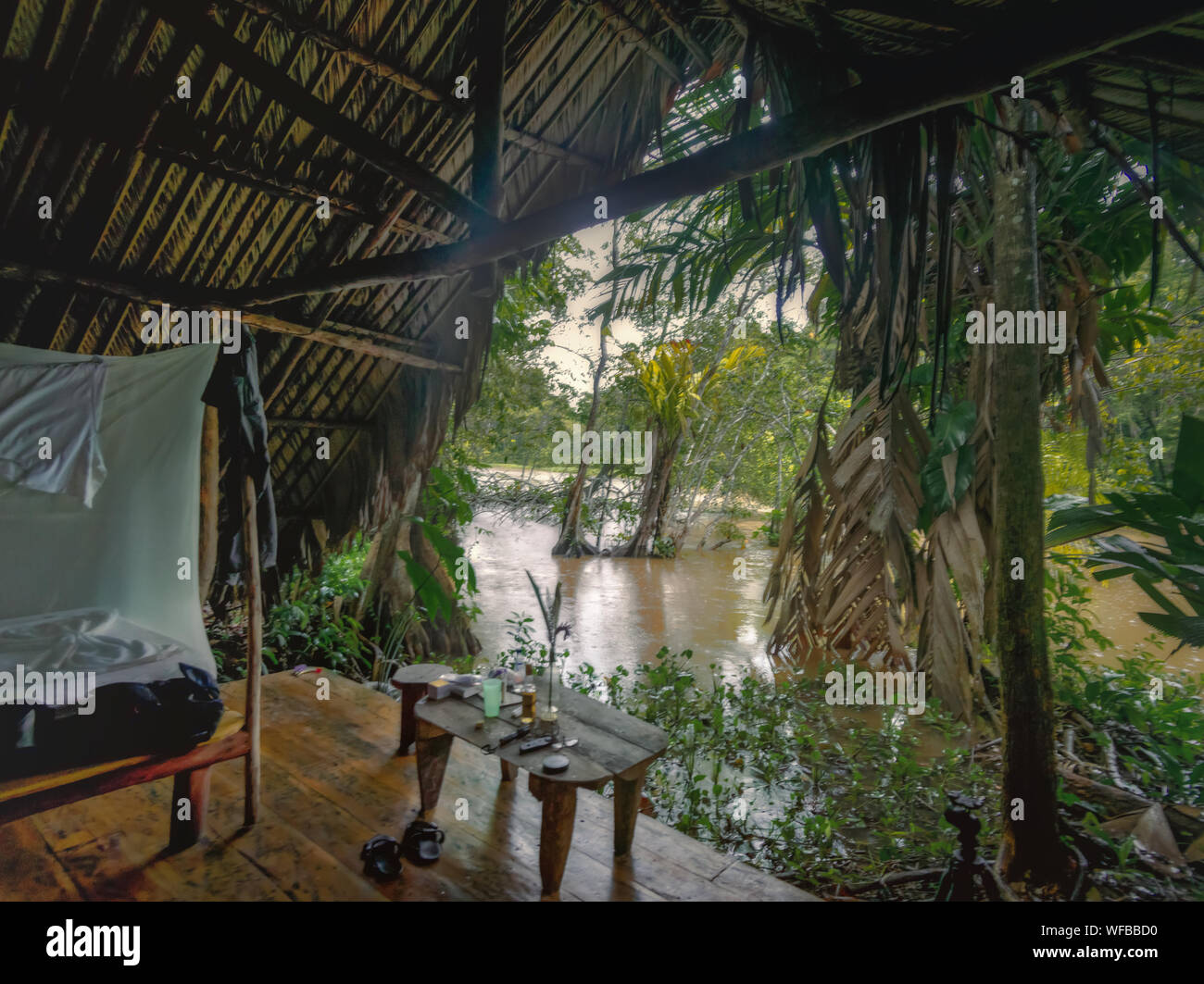 View of the river from the hut of an environmental camp in the tropical jungle of the Orinoco River. Stock Photo