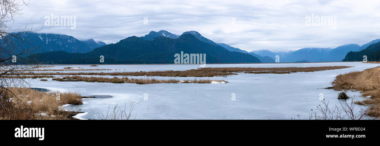 Mountain landscape view from Grant Narrows, Pitt Meadows, British Columbia, Canada Stock Photo