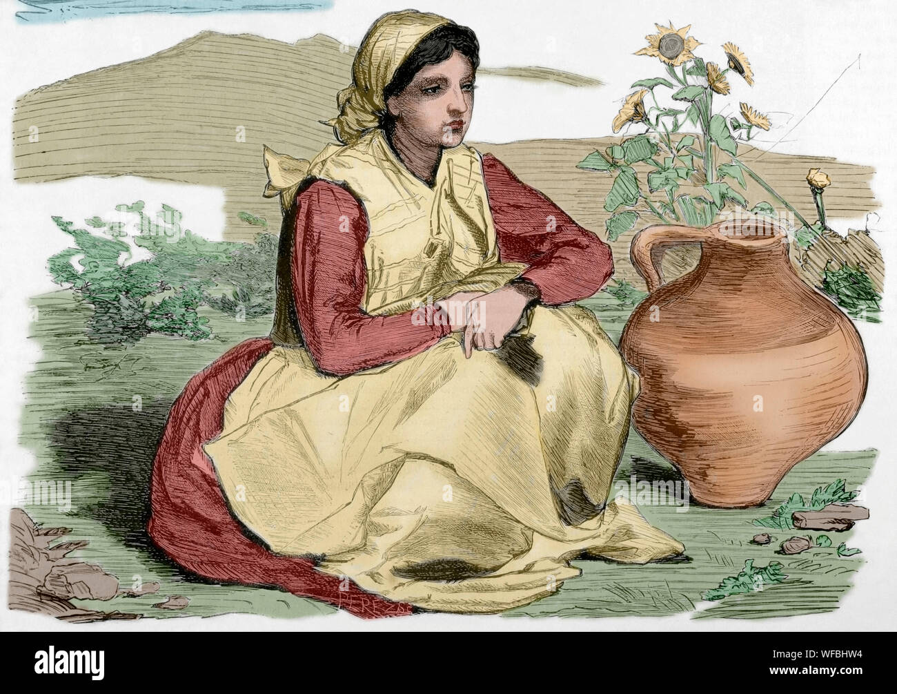 Spain. Types of Basque provinces. Woman with traditional dress. Unpublished sketches of Valeriano Becquer. Engraving. La Ilustracion Española y Americana, January 15, 1876. Later colouration. Stock Photo