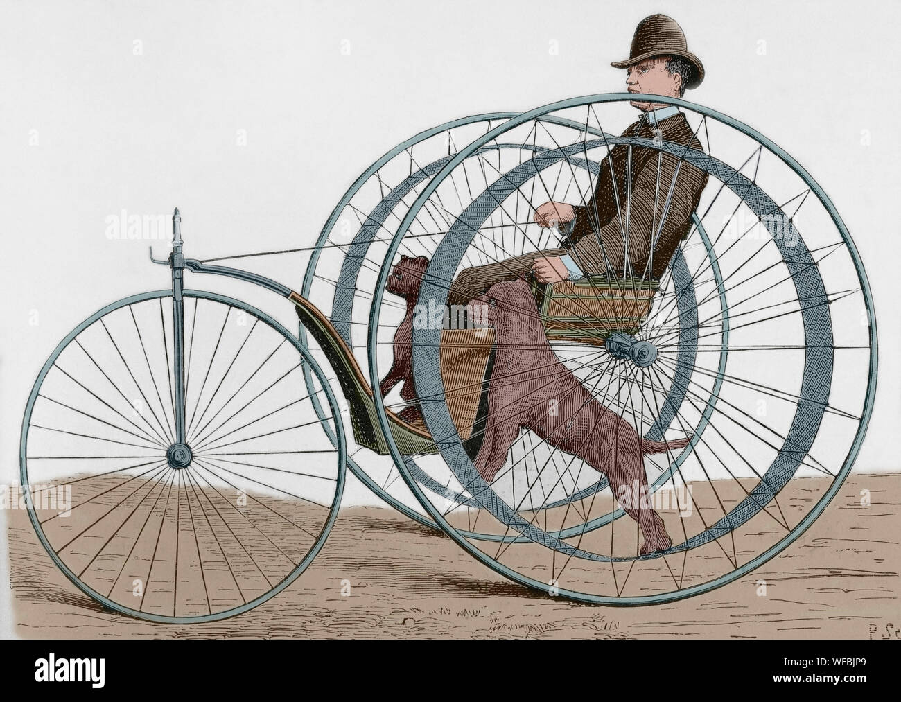 The 'Cynophere', or dog-powered velocipede. It was invented by the French mechanic M. Huret and patented on December 14, 1875. It consisted of a three-wheeled vehicle, a kind of tricycle, weighing 80 kilograms and was moved by two dogs placed on the inner wheels simulating walk . It reached a speed of 10 kilometers per hour. Two vehicles were presented at the Universal Exhibition at Philadelphia (Pennsylvania, United States) in 1876. Engraving. La Ilustracion Española y Americana, June 15, 1876. Later colouration. Stock Photo