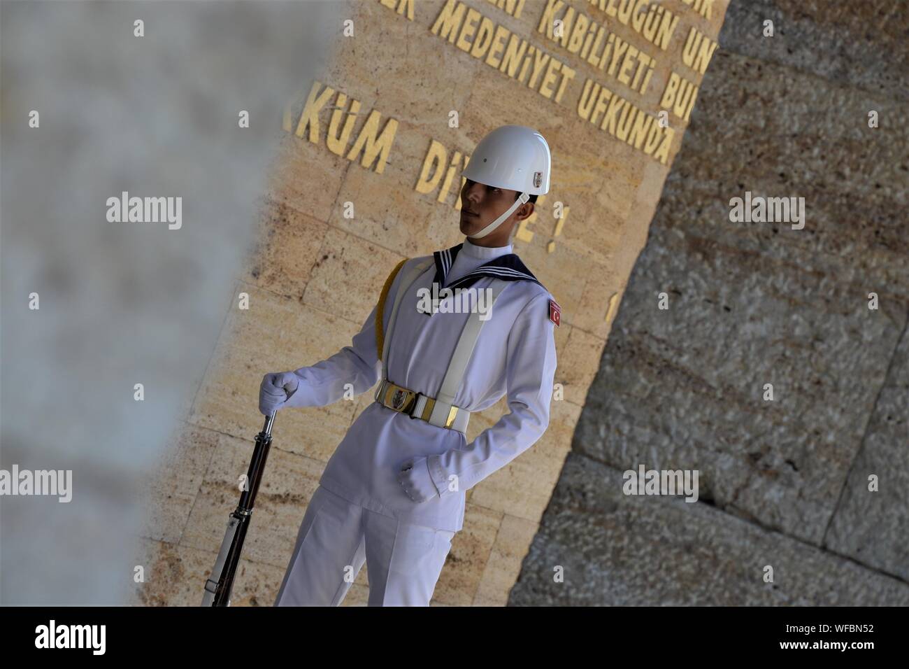 Ankara, Turkey. 31st Aug, 2019. A Turkish soldier stands guard at Anitkabir, the mausoleum of modern Turkey's founder Mustafa Kemal Ataturk, a day after the 97th anniversary of Victory Day, which commemorates the defeat of the Greek forces at the hands of the Turks in the Battle of Dumlupinar in 1922. Credit: Altan Gocher/ZUMA Wire/Alamy Live News Stock Photo