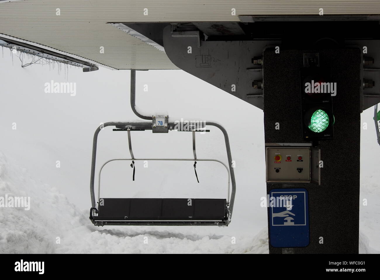 Empty Ski Lift In Cold Temperature Stock Photo