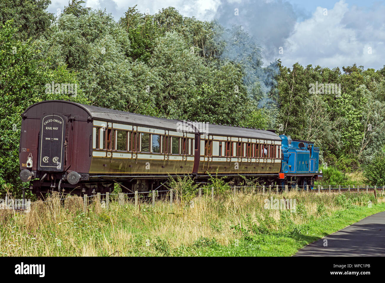 Ex Caledonian Railway steam engine No. 419 pulling Caledonian coaches at Summer Steam event 17/8/19 at Bo'ness & Kinneil Railway Bo'ness Scotland UK Stock Photo