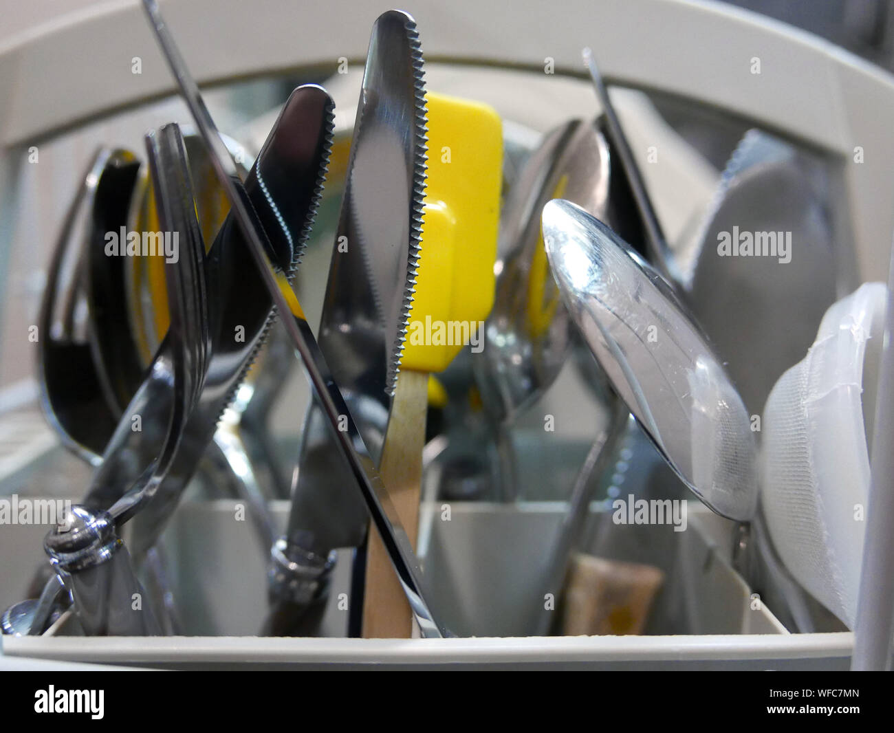 Closeup Of Washed Utensils In Dish Rack Stock Photo Alamy