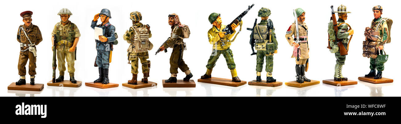 High Key pack shot of lead toy soldiers from around the world, from the Great War to the present day. These little guys are now collectables. Stock Photo