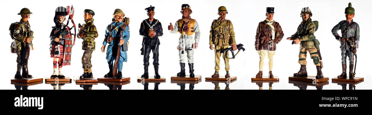High Key pack shot of lead toy soldiers from around the world, from the Great War to the present day. These little guys are now collectables. Stock Photo